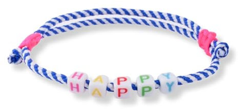 happymaker - Segeltau Armband Damen und Männer, Surfer Armband blau/weiss mit bunten Buchstaben - Happy - zwei Schiebeknoten in pink neon, größenverstellbar, wasserfest und handmade