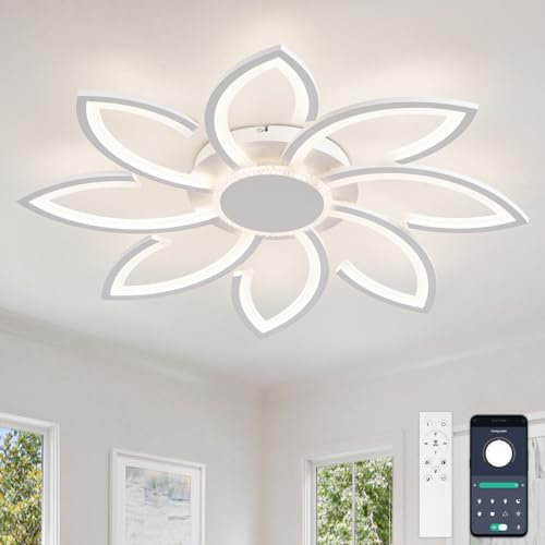 YUNLONG Wohnzimmerlampe Decke Modern Led Dimmbar, 80 cm Deckenlampe Wohnzimmer Groß, 98W, 8000LM, Deckenleuchte mit Fernbedienung Blumen Form Design, für Büro, Schlafzimmer, Weiß