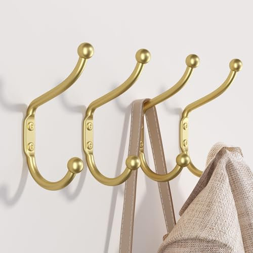 Small 3.74 Wall Hooks for Hanging Coats - Wall Mounted Gold Screw-In Hooks for Wall, Door,Bathroom, Shower, Closet, Mudroom, Metal Hangers for Towels, Clothes,Purses, Bag, Keys, Hats, 4 Pack