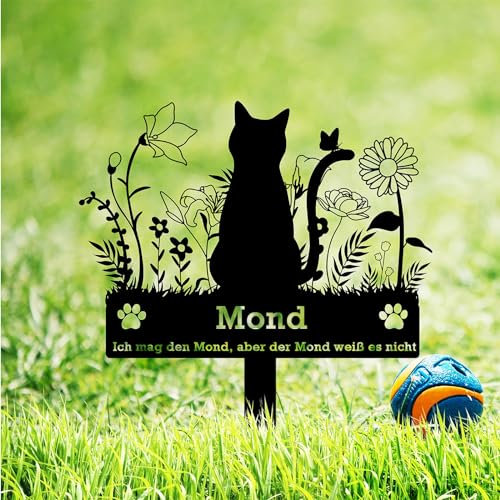 BeNsil Grabstein Katze für Draußen,Tier Grabstein Katze,Design Gedenkstandbild Gedenktafel mit Gravur Fotogravur, Design Edelstahl Grabstecker Katzenfigur