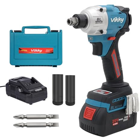 Vikky BL350-2 20V Akku-Schlagschrauber mit 1/2 und 1/4 Sechskantantrieb, 350Nm Drehmoment, 0-2500 RPM, LED Beleuchtung, Bürstenloser Motor, 4 Modi, 4.2Ah Batterie, 110V-240V Ladegerät, 1 Jahr Garant
