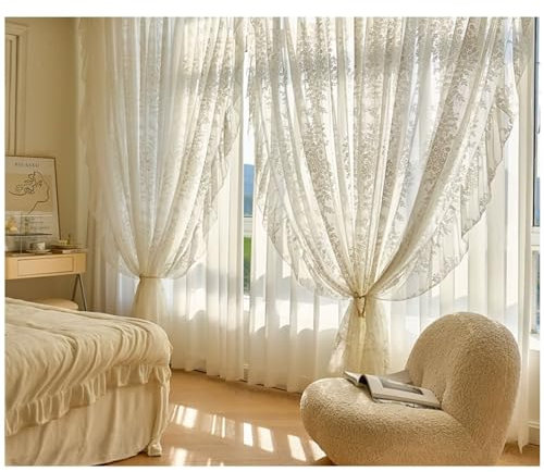 Beydodo Vorhänge Weiß 2er Set mit Haken, Gardinen für Schienensystem 107x229CM Spitze mit Blumen Motiv Gardinenschals Halbtransparent für Wohnzimmer Schlafzimmer Küche