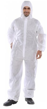 IndustraCare 10 PACK - Poly Prop White Economy Lightweight Disposable Overall Boilersuit - Zip up, elasticated hood, ankles and wrists