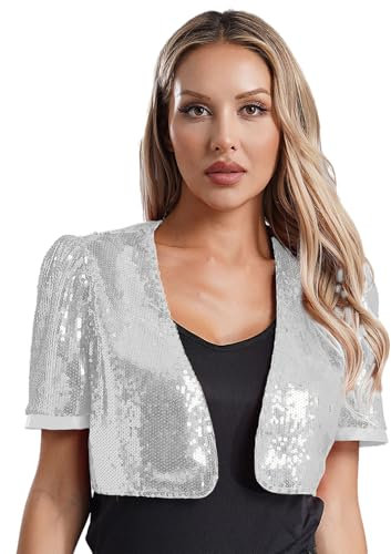 Rswnyirn Damen Bolero Kurz Pailletten Jacke Kurzarm Schulterjacke Bolerojacke Vorne Offen Cardigan Fasching Karneval Disco Kostüm Silber M