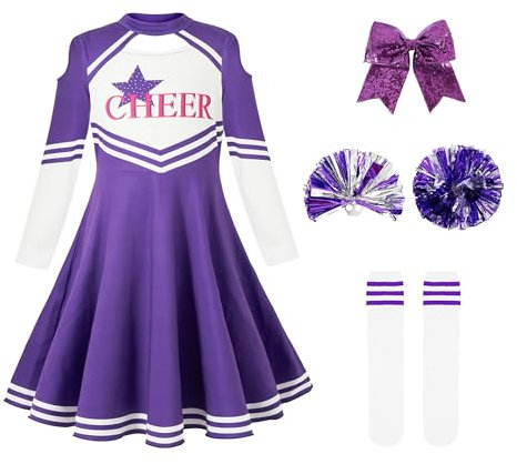 LOLANTA Cheerleader Kostüm Kinder Lila, Langärmeliges Cheerleading Kleid mit Pompoms Socken und Kopfschmuck, Faschingskostüme Mädchen Cheerleader(Lila,12-13 Jahre,Tag-Größe 160)