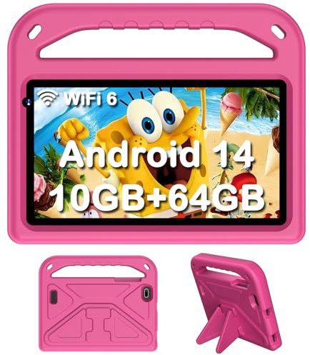 DMOAO para Niños 7 Pulgadas, Tablet Niños Android 14 con 5G Wi-Fi 6, 10GB RAM+64GB ROM(512GB SD), Octa-Core/Widevine L1/Control Parental/BT 5.0/3500mAh, Tablet Infantil con Funda Protectora, Rosa