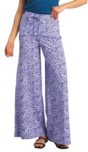 Enorsia Womens Paisley Printed Wide Leg Trousers with Elasticated Waist and Bow Detail, High-Waisted, Floaty Fabric, Non-Transparent (Blue, 16)