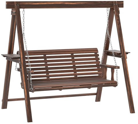 Outsunny 3 Seater Garden Swing Seat, Wooden Swing Chair Bench with Side Tables and Metal Chains, for Outdoor Porch Patio, Carbonised Brown