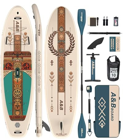 A&BBOARD Aufblasbare Stand Up Paddle Boards mit Premium SUP Zubehör, 335cm x 88cm Dual Action Pumpe, Rucksack, breites stabiles Design,Jugendliche und Erwachsene (Beige + Klassisch)