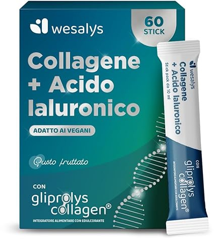 Collagene da Bere - Collagene e Acido ialuronico Integratore, 60 Stick con Gliprolys® Collagen liquido Idrolizzato Vegano per Pelle, Capelli, Articolazioni. Con Biotina e Vitamina C. Wesalys