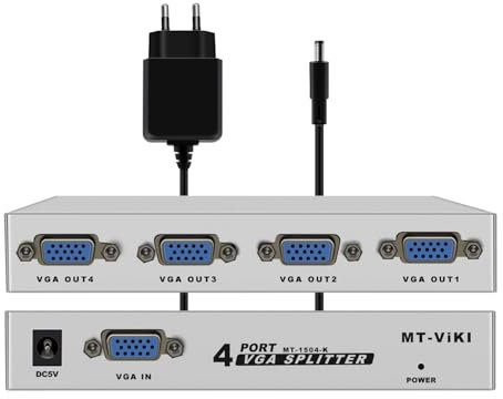 HuaLiSiJi VGA Splitter 1 in 4 Out Monitor VGA Verteiler Box 4 Port Unterstützt Breitwand 1920X1440 150 MHz mit Adattatore di alimentazione DC 5V (Silbrig)