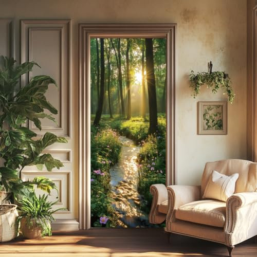 arricraft 2 Pcs Self-Adhesive Door Sticker, 31.5x78.7 Early Morning Design Door Murals Stickers with Woods Creek Sunshine Pattern PVC Door Removable Wallpaper Decoration for Bedrooms Living Room