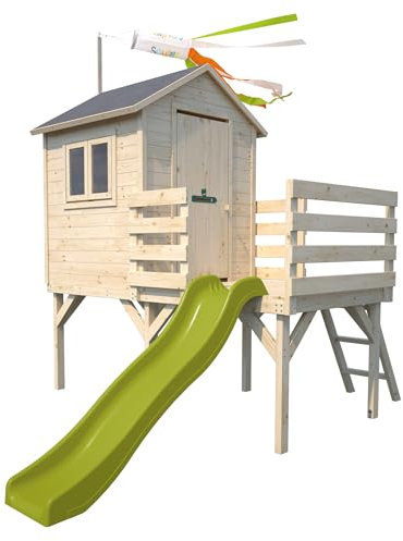 SOULET - Casita de Madera Infantil Elevada con Tobogán Joséphine 319x242x249 cm - Casita de Jardín para Niños sobre Pilotes con Tobogán - Madera Natural Personalizable - Fácil Montaje