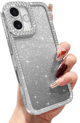 L-FADNUT for iPhone 16 Glitter Case, Luxury Diamond with Removable Glitter Sparkly Card Phone Case, Camera Protection Slim Shockproof Back Cover for Women Girls for iPhone 16, Silver
