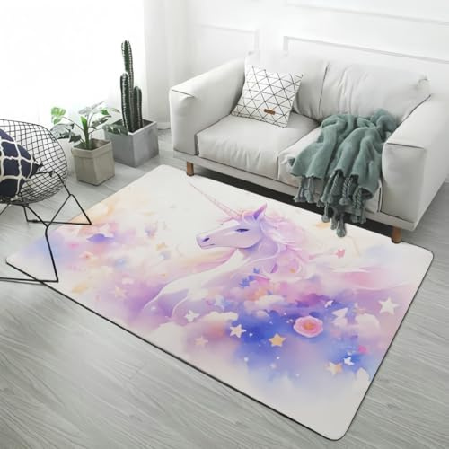 Rosa Lila Traum Einhorn Cartoon Teppich Schlafzimmer Mädchen, Flanell Teppiche rutschfest Blumen Stern Regenbogen Einhorn Großer Teppich für Wohnzimmer Spielzimmer, 140x200 cm, Color3