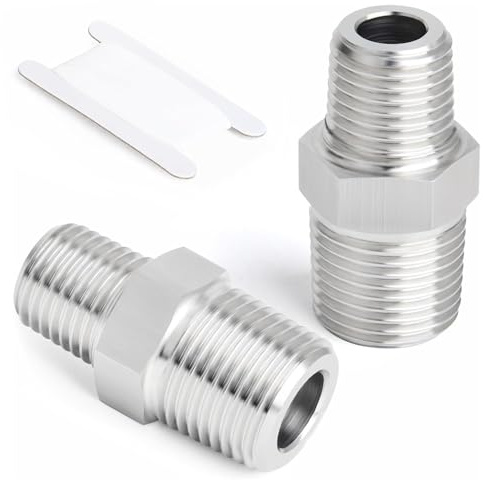 QZKJQDD 2 Pcs 1/2 Male to 1/4 Male BSP Thread Stainless Steel Hex Bushing Reducing Connector, 1/2” to 1/4” Adapter, for Water, Gas, Pipe Connecting Conversion with Sealing Rings with Tape