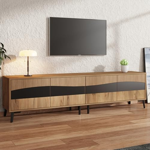 BTM 180x40x50cm Fernsehschrank, Holzfarbe + schwarzer Spleiß-TV-Ständer, TV-Schrank mit 4 Schränken, Wohnzimmerschrank mit 8 Stützbeinen, empfohlene Tragkraft 30kg, Lowboard Symmetrisches Design