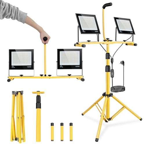 SINGTIP Projecteur de Chantier LED sur Trépieds, 200W 15000LM Lampe Chantier, Pivotante à 360° | Étanche IP66 | Câble 3M | Réglable en Hauteur de 65 à 160 cm pour Atelier, Chantier, Garage