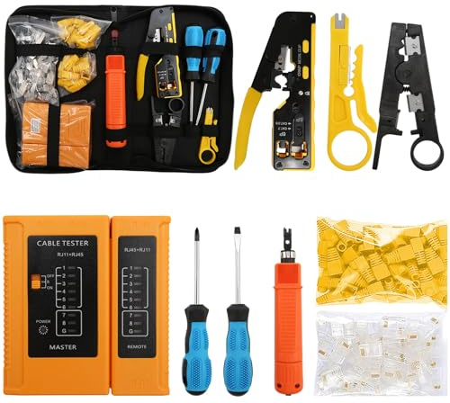 Petyoung Pince à Sertir RJ45 RJ11 Pass Through pour Cat5 Cat6 Cat7 avec 20 Connecteurs, Kit d'Outils de Sertissage RJ45 Multifonction pour Installation Réseau et Téléphonique