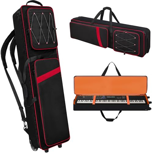 88 Key Keyboard Case with Wheels（53x14.5x7), Rolling Padded Keyboard Gig Bag with Adjustable Shoulder Straps and Handle, Waterproof Piano Case for Music Stand, Accessories, Pedals & Cables