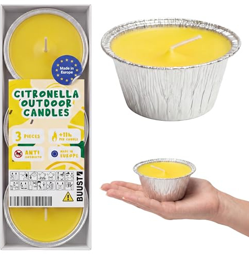 Citronella Kerze Outdoor Set [sehr intensiv] - 3 Stück Flammschalen - Natürliche Zitronenkerzen für den Sommer - natürliche Extrakte - Ohne Palmöl - lange Brenndauer - Made in Europe