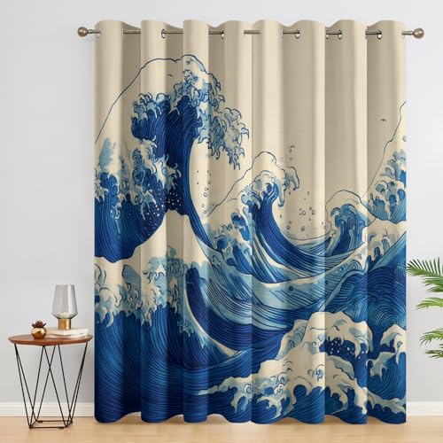 DITHYRAM Japan Vorhänge Mit ösen Blickdicht, Blau Wellen Orientalisch Vorhang Schlafzimmer Wohnzimmer Küche 140 x 220 cm Lang, Übergardinen Innen Verdunklungsvorhänge