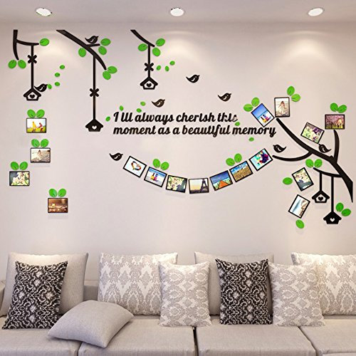Alicemall Sticker Mural Cadre Photo Autocollant Branche avec Feuilles Vertes Oiseaux Décoration Murale Salon Chambre