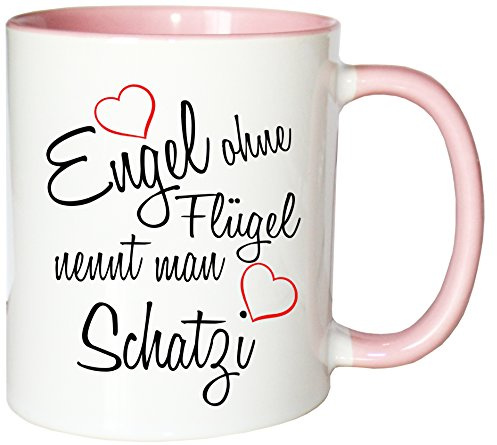 Mister Merchandise Kaffeebecher Tasse Engel ohne Flügel nennt man Schatzi Frau Partnerin Ehefrau Wife Freundin Schatz Teetasse Becher Weiß-Rosa
