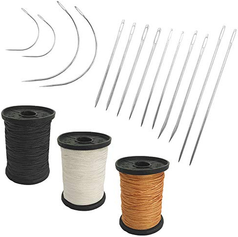 SourceTon - Juego de 17 agujas de mano resistentes e hilo de tapicería extra fuerte, 7 estilos de agujas de coser de lona de cuero e hilo de nailon de 3 colores (50 yardas)