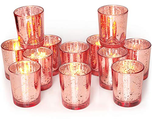 Volens Rose Gold Votive Candle Holders Set of 12, Mercury Glass Tealight Candle Holder Bulk for Wedding Decor and Home Decor