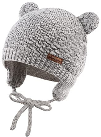 XIAOHAWANG Baby Wintermütze Jungen Mädchen Warmer Strickmützen Weicht Baumwolle-Futter mit Süße Bärenohren Winter Babymütze(Grau, S)
