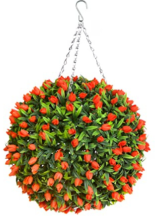 Best Artificial TULIP Flower Ball Lush Long Leaf Topiary Grass (38cm, Orange)