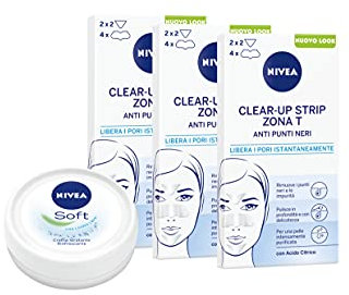 NIVEA Clear-Up Strips Zone T Mitesser Pflaster 3er Pack (3 x 6 Stück) zur Reinigung von Gesicht und NIVEA Soft Mini Creme für Gesicht, Körper und Hände, 25 g