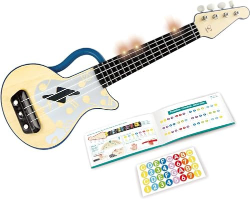 Hape Elektrische Ukulele mit stimmbaren Saiten und Führungslichtern für Kinder ab 3 Jahren, blau