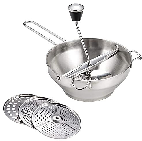Gusengo Passaverdure Manuale in Acciaio Inossidabile, Schiacciapatate Acciaio Inox, Passaverdura, Passaverdure Acciaio Inox, Schiaccia Verdure con 3 Diverse Griglie, Scolapastama, Spremiagrumi
