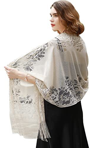 RIIQIICHY Stola Für Abendkleid Schal Stola Damen Festlich Umschlagtuch Umhang Beige Spitzenschal Mit Fransen für Hochzeit Party Braut
