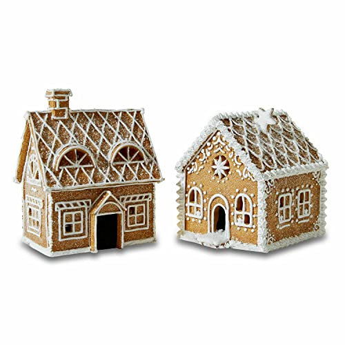 Loberon Deko-Haus 2er Set Tarreau, Lebkuchenhäuser, Weihnachtsdeko, Weihnachten, Polyresin, H/B/T ca. 10/9/10 cm, braun/weiß