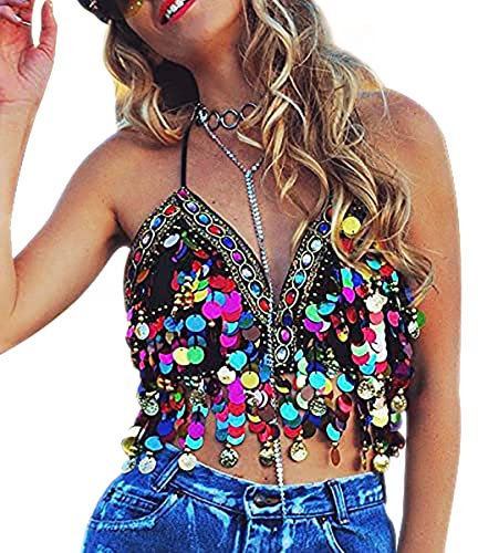 Pailletten-Top mit Neckholder, für Salsa, Bauchtanz, Boho, Festival, Club, Tribal-Top, Kostüm, mit Fransen, Quaste, Passung 32A bis 36B (Schwarz)