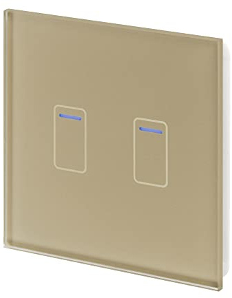 Retrotouch Crystal Touch Switch | LED Light Indicator | 2 Gang 2 Way 300W | Stylish Brass Glass Finish | Screwless Front | 35mm Back Box No-Neutral Required | Luxury Home & Bathroom Light Switches