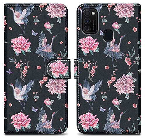 Cadorabo Hülle kompatibel mit Samsung Galaxy M21 / M30s - Design Kranich & Blumen No. 9 - Schutzhülle mit Magnetverschluss, Standfunktion und Kartenfach