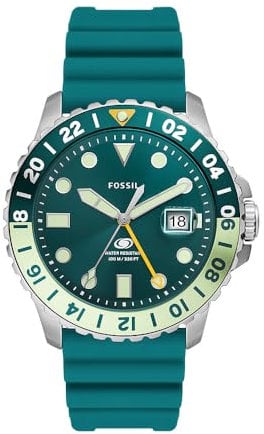 Fossil Orologio GMT blu da uomo, movimento a tre lancette con data e cinturino in acciaio inossidabile o in silicone, 46 mm, Verde