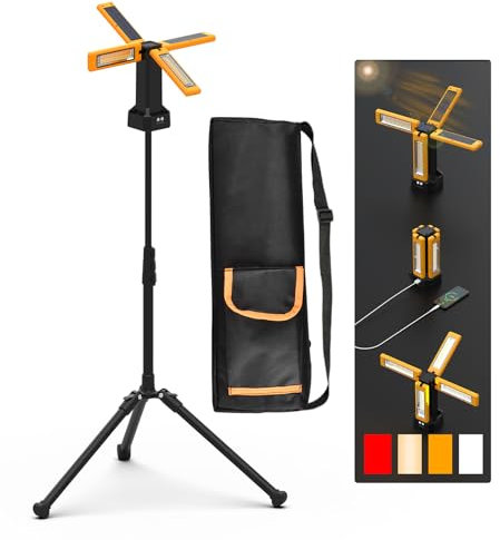 iodoo Projecteur de Chantier LED à Batterie Solaire Avec Trépied, Batterie D'une Capacité de 13200 mAh, Lampe Chantier Luminosité de 8000 Lumens, Pour Activités Extérieures, Camping en Plein Air