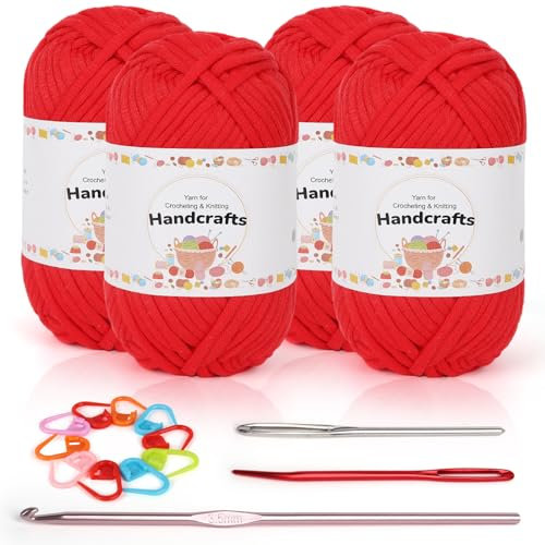 Coopay 4 Stück Einfach Garn Zum Häkeln für Anfänger - Gut Sichtbare Maschen Mit Häkelzubehör, Baumwoll-Nylon-Garn Zum Stricken (4 X 50 g), Groß Rot