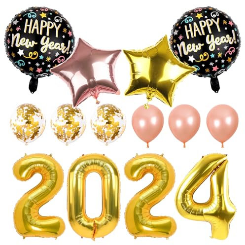 Silvester Deko 2024 Luftballons, PAMIYO Happy New Year Deko Luftballons Gold Neujahr Silvesterdeko Deko Silvester Party 2024 Neujahrsdeko Silvesterpartydeko Accessoire für Silvesterparty