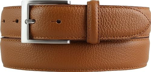 Italienischer Anzug-Gürtel, 35 mm breit, Herren, Anzuggürtel, Hosengürtel, strukturiertes Leder, Schließe Silber | Tabac 115cm
