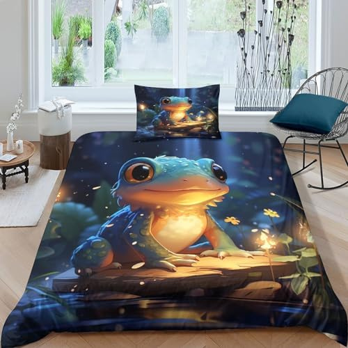 BARDYS Frosch am Teich Bettwäsche-Sets,3D-Druck Steppdeckenbezug Weiche Mikrofaser Cute Tiere Bettbezug Mit Kissenbezug,mit Reißverschluss.Geeignet Für Kinder Und Erwachsene Single（135x200cm）