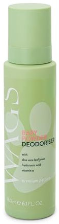 WAGS Hund Natürlicher Deodorant mit Aloe Vera, Vitamin E und Hyaluronsäure, Alkoholfrei für Welpen und Hunde, Entfernt schlechten Geruch, Babypuder-Duft 180ml