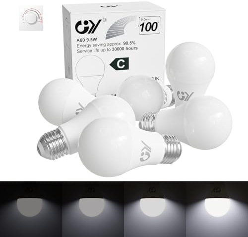 GY E27 LED Kaltweiss Dimmbar Glühbirne, 9,5W 6500K 1521 Lumen Kaltweiß Lampe, 100W Halogen Leuchtmittel ersetzt, Dimmbare Energiesparlampen, 6 stück