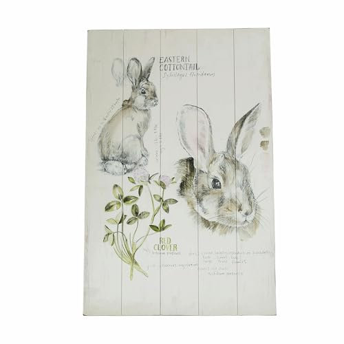 Loberon Dekoboard Luppis, süßes Ostermotiv mit Häschen, liebevoll von Hand bemalt, Country-Look, Holzlatten-Optik, Wanddekoration, Wohn-Accessoire, MDF, weiß/grau