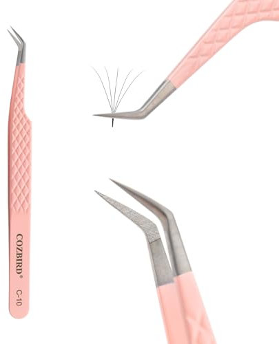 COZBIRD Fiber 45 degrés Pince à Extensions de Cils Classique Volume Russe Petite Pointe Fine Courbée Antidérapante Rose (C-10)